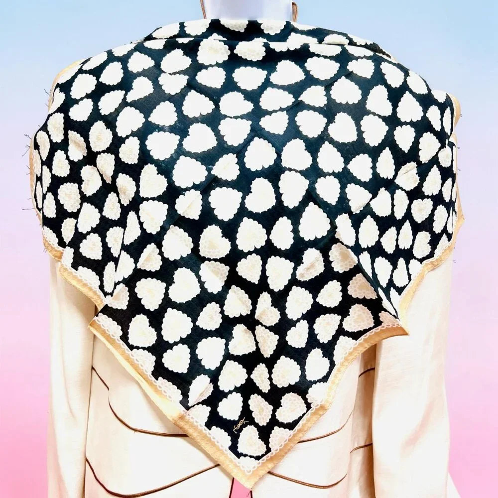 New Tag On  Yves Saint Laurent  Scarf Cotton & Silk 22.5" Beige Black Heart  (63 - Picture 5 of 10
